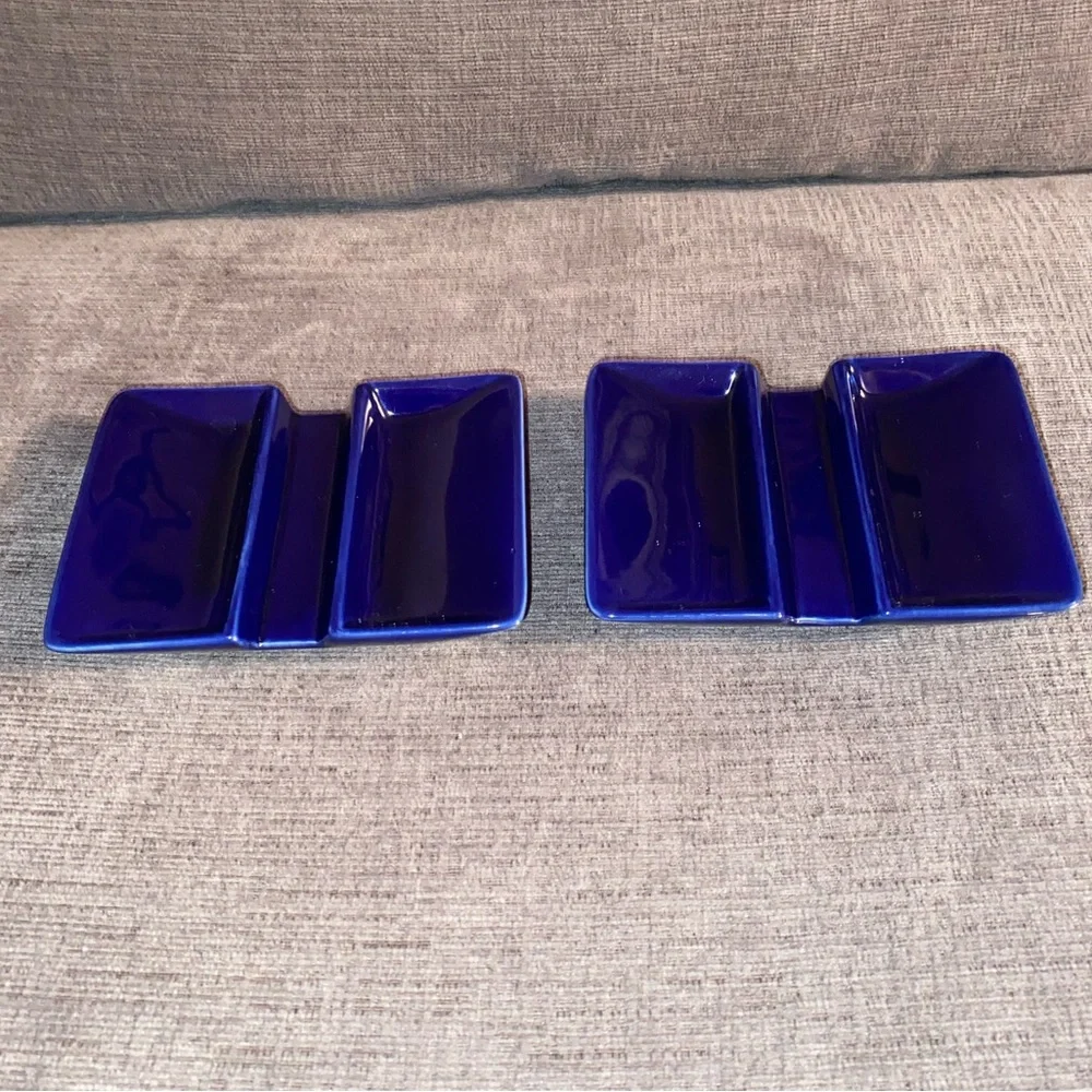 2 Crate & Barrel Cobalt Blue Ceramic Sushi Dipping Plates with Chopstick Rest